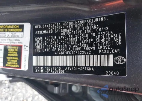 2013 Toyota Camry L/Le/Se/Xle из США, поврежденный, VIN 4T4BF1FK1DR322622